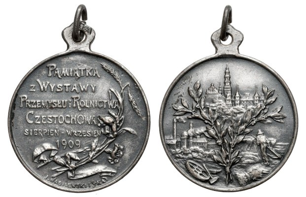 Wystawa przemysłu i rolnictwa w Częstochowie, 1909, medal sygnowany J. Wasilewski, na uszku punca J.W, srebro, 25 mm, 7.66 g, Strzałkowski 109 R