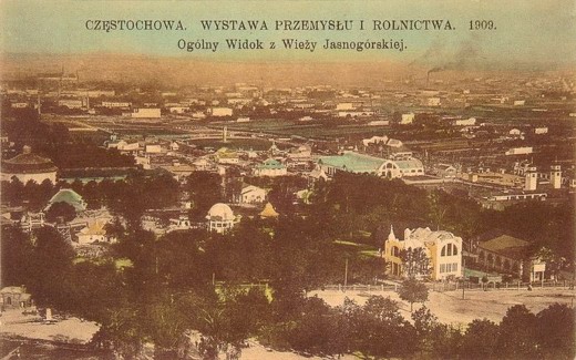 Widok na plac wystawy z Wieży Jasnogórskiej podczas wystawy w 1909. Wydawnictwo B-ci Rzepkowicz